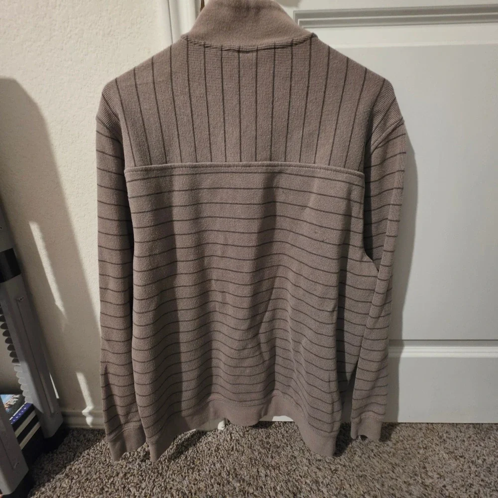 Tasso Elba Mens Quarter Zip Pullover Sweater Taupe Brown Striped Cotton Blend L